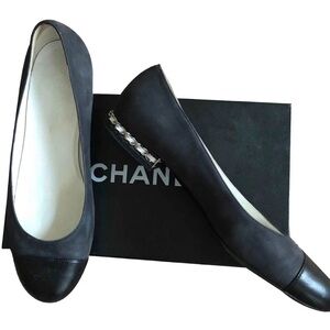 Chanel Ballet Flat Chain Heels Black Leather CC EU38.5 US8.5